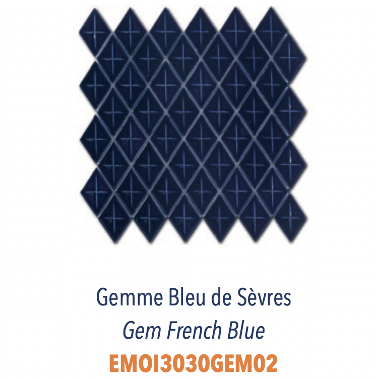 Mosaïque Losanges Gemme avec léger relief en grès cérame émaillé pour usage sur murs Bleu de Sèvres