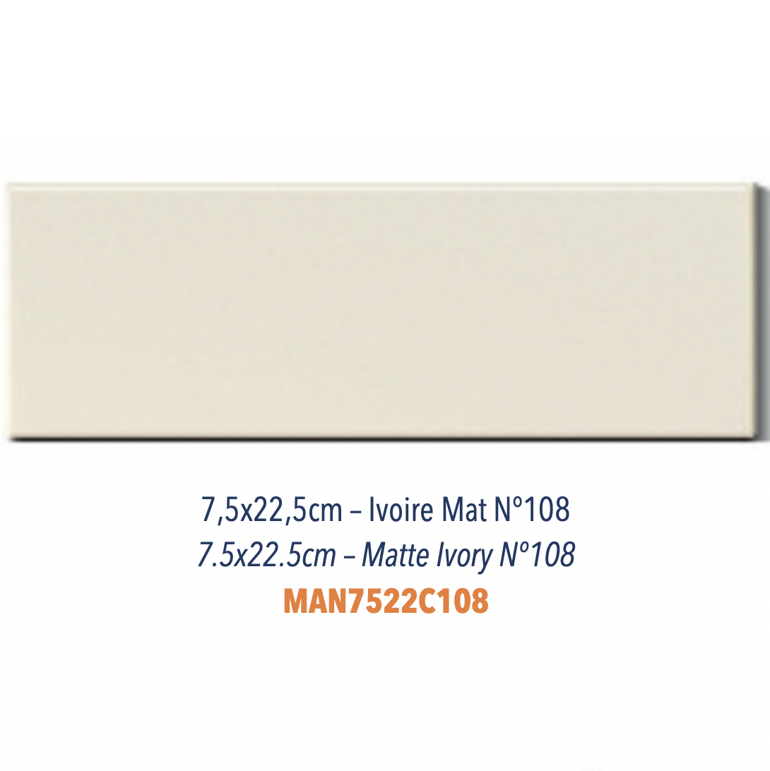 Carreau en céramique faience plat Finition matte Gris Perle Carreau en céramique faience plat Finition matte 7,5 x 22,5 cm Ivoire