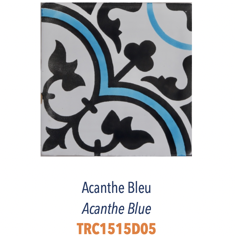 Carreau de faience émaillée sérigraphie à la main décor provencal typique Acanthe Bleu