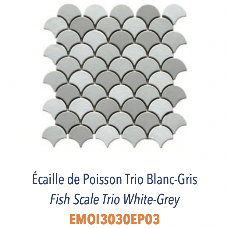 Mosaïque écaille de poisson en grès cérame émaillé pour usage sur murs Trio Blanc Gris
