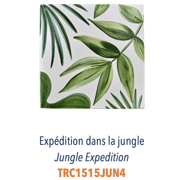 Carreau de faience peint à main par une artiste céramiste en France Motif Expédition dans la Jungle