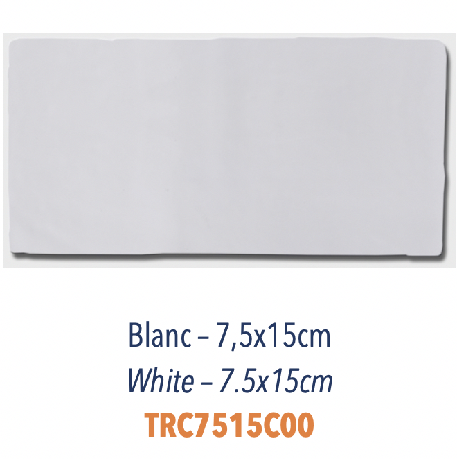 Carreau de faience émaillée uni pour mélange avec sérigraphie à la main décor provencal 7,5 x 15 cm Blanc