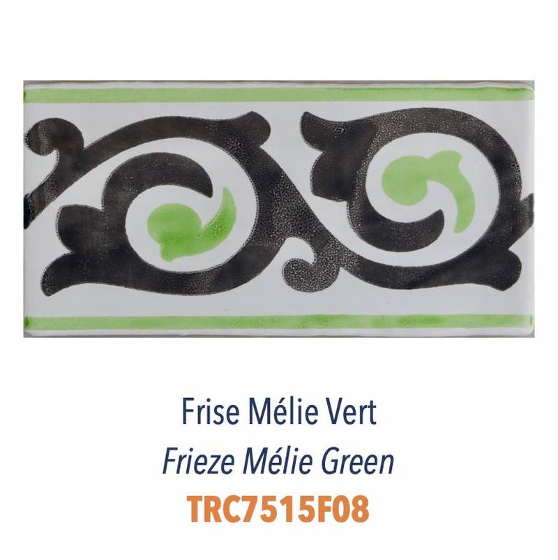 Carreau de faience émaillée sérigraphie à la main décor provencal typique Frise Mélie Vert