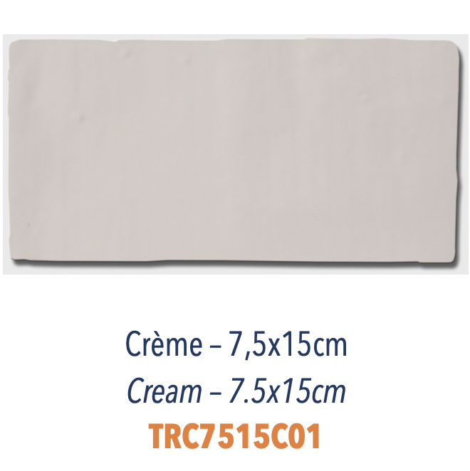 Carreau de faience émaillée uni pour mélange avec sérigraphie à la main décor provencal 7,5 x 15 cm Crème