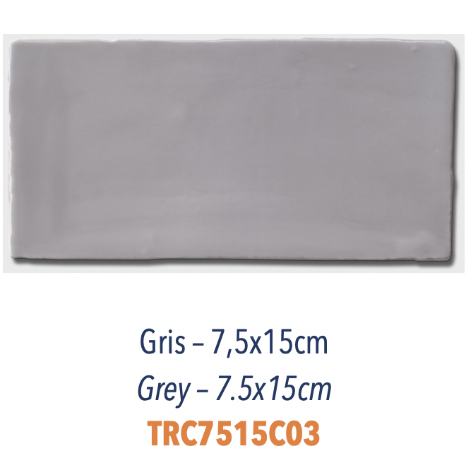Carreau de faience émaillée uni pour mélange avec sérigraphie à la main décor provencal 7,5 x 15 cm Gris