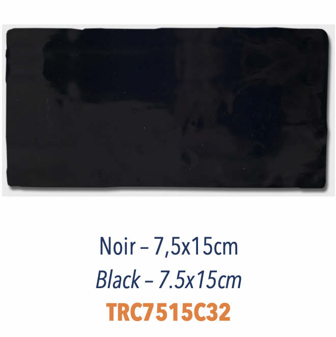 Carreau de faience émaillée uni pour mélange avec sérigraphie à la main décor provencal 7,5 x 15 cm Noir