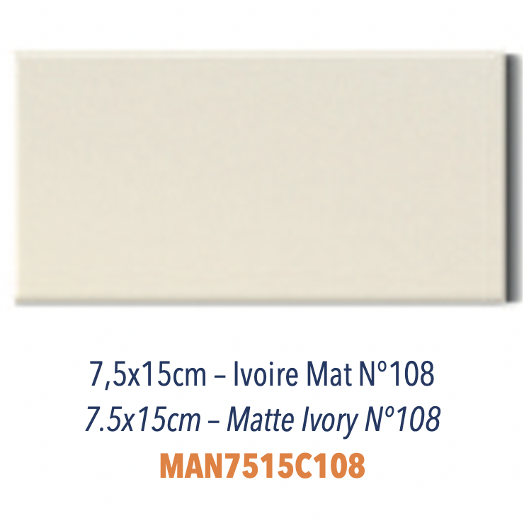 Carreau en céramique faience plat Finition matte Ivoire 7,5 x 15 cm