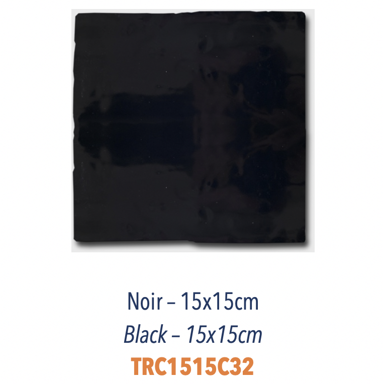 Carreau de faience émaillée uni pour mélange avec sérigraphie à la main décor provencal 15 x 15 cm Noir