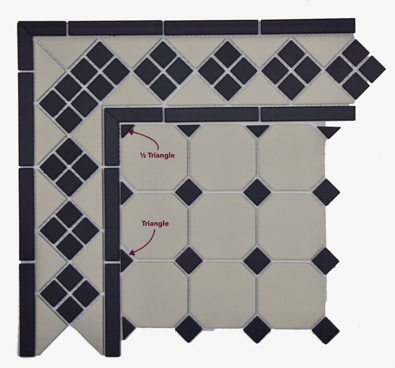 Montage d'octogones beiges et cabochons noirs avec angle et frise en grès cérame pleine masse inusable pour lieux à grand passage