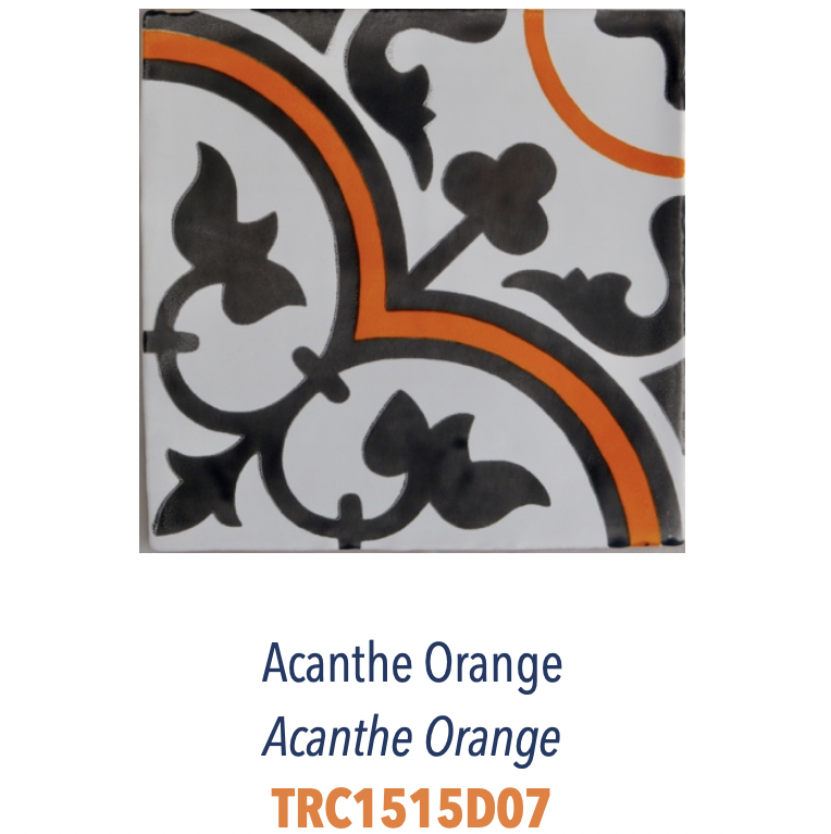 Carreau de faience émaillée sérigraphie à la main décor provencal typique Acanthe Orange