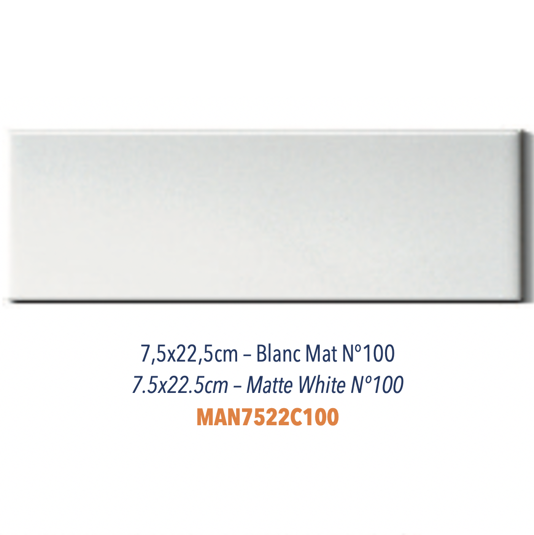 Carreau en céramique faience plat Finition matte Gris Perle Carreau en céramique faience plat Finition matte 7,5 x 22,5 cm Blanc