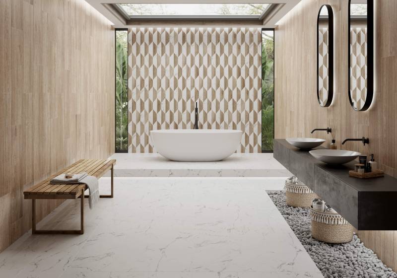 Grès Cérame - Hexagones & Kayak Effet Marbre et Bois