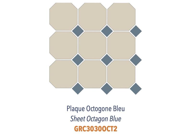 Plaque 30 x 30 cm avec octogones beiges et cabochons bleus en grès cérame pleine masse inusable pour lieux à grand passage