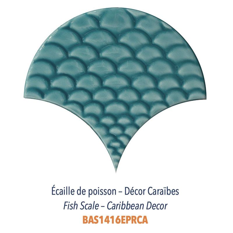 Ecaille de poisson Grand format faience émaillée Bleu Turquoise Caraïbes avec motifs en relief